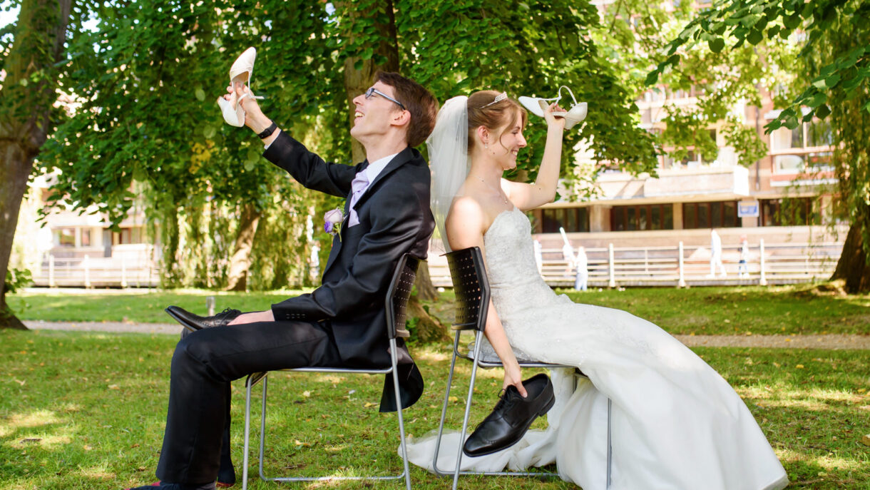 bride and groom sitting down